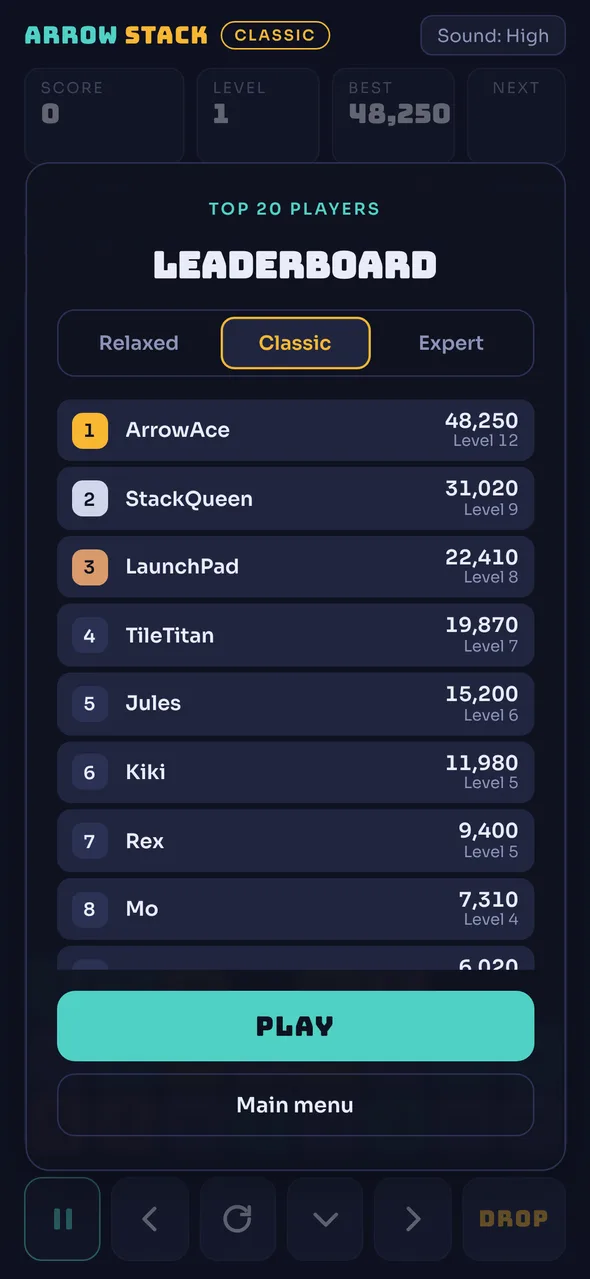 Arrow Stack leaderboard showing the top players in Classic mode