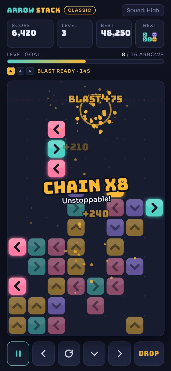 Arrow Stack gameplay: a stack of colored arrow tiles with a CHAIN X8 combo bursting across the board